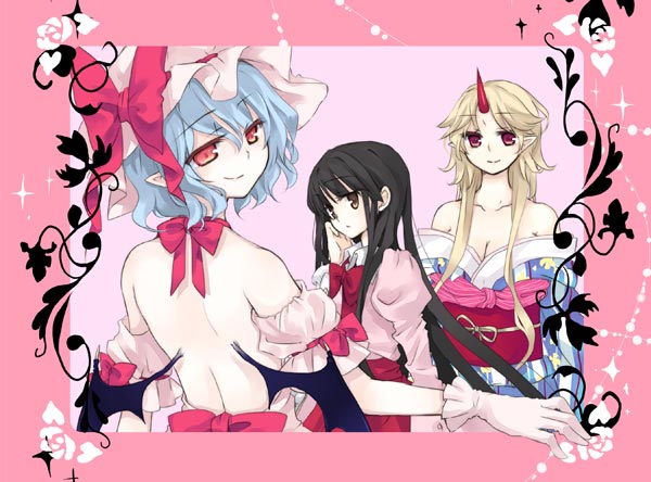 yatosaki haru, hoshiguma yuugi, houraisan kaguya, remilia scarlet, touhou, 3girls, back, bare shoulders, female focus, horns, multiple girls, single horn