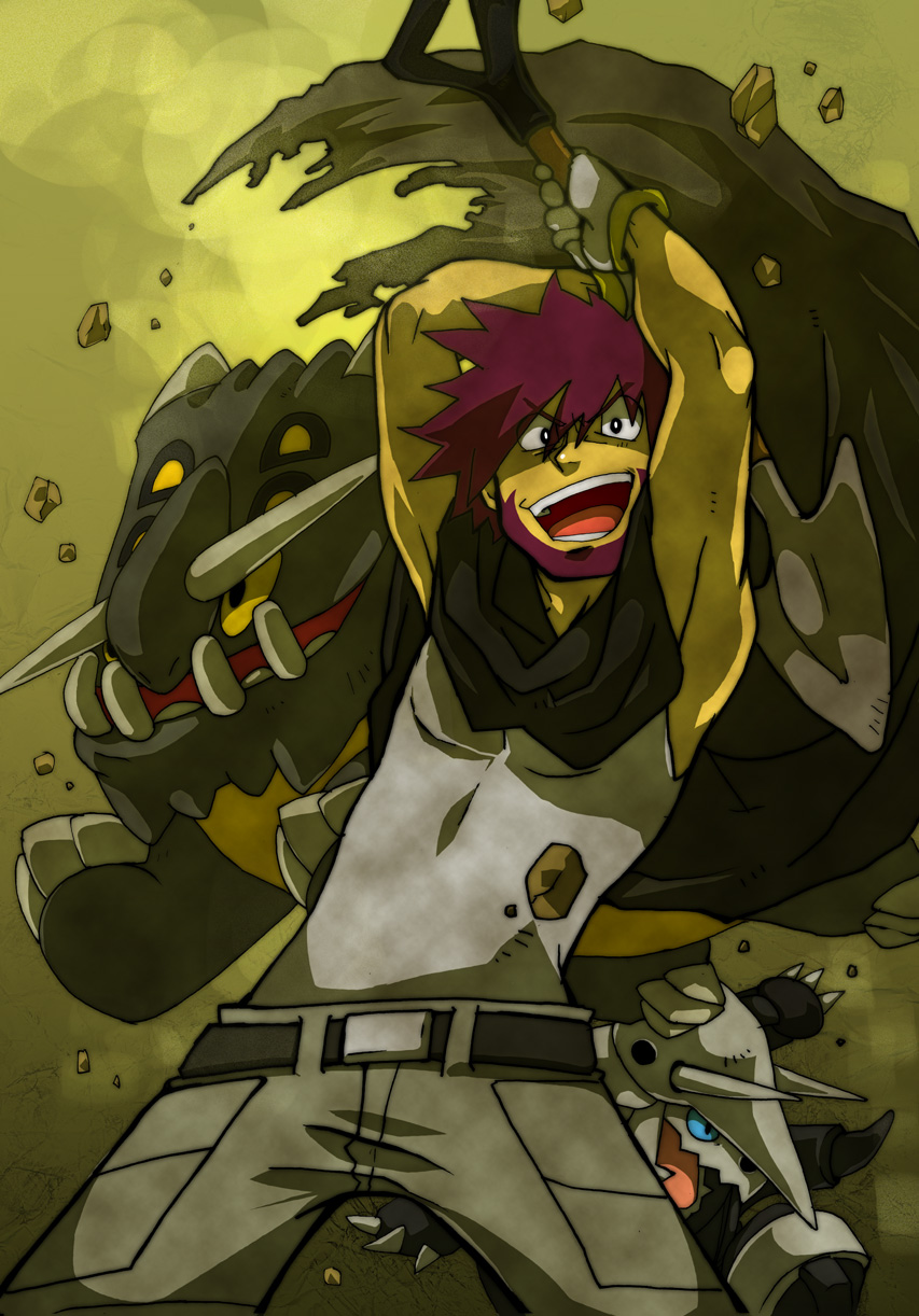 mikami, aggron, bastiodon, byron (pokemon), nintendo, pokemon, highres, 1boy, beard, cape, facial hair, gen 3 pokemon, gen 4 pokemon, gym leader, open mouth, pokemon (creature), shovel, worktool