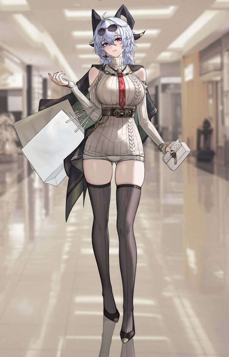 yuhou rainbow, zani (downtown repose) (wuthering waves), zani (wuthering waves), wuthering waves, commentary, english commentary, highres, 1girl, ahoge, bag, black horns, black jacket, black shoes, black thighhighs, clothing cutout, curled horns, dress, earrings, full body, gluteal fold, grey dress, grey hair, grey shorts, hair between eyes, hair intakes, holding, holding bag, horns, jacket, jacket on shoulders, jewelry, long hair, long sleeves, looking at viewer, official alternate costume, parted lips, photo background, red eyes, shoes, shopping bag, shorts, shoulder cutout, solo, sweater, sweater dress, thighhighs, thighs