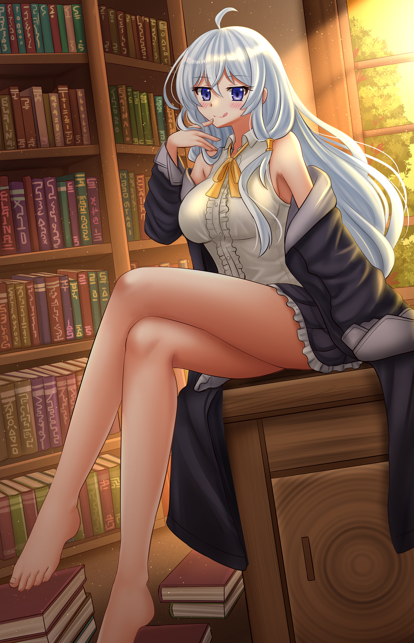 kazenokaze, elaina (majo no tabitabi), majo no tabitabi, commentary, english commentary, highres, 1girl, ahoge, arm support, bare legs, barefoot, black robe, black skirt, blush, book, book stack, bookshelf, bow, breasts, center frills, crossed legs, frilled skirt, frills, grey hair, hair between eyes, hand up, indoors, long hair, long legs, long sleeves, medium breasts, off shoulder, open clothes, open robe, purple eyes, robe, shirt, sitting, skirt, sleeveless, sleeveless shirt, solo, sunlight, sunset, very long hair, white shirt, window, yellow bow