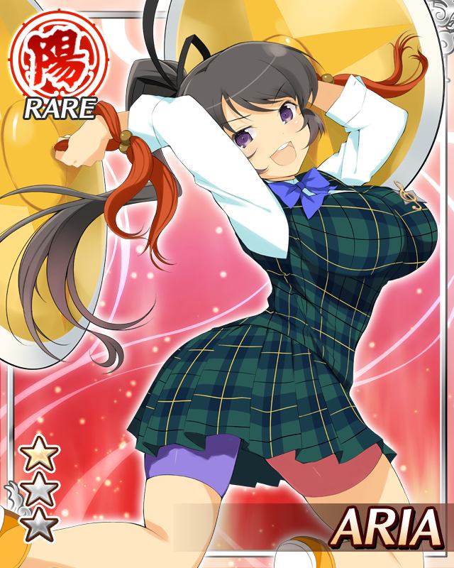 aria (senran kagura), senran kagura, senran kagura new wave, game cg, official art, 1girl, arms up, bike shorts, black hair, black ribbon, blue bow, blue bowtie, border, bow, bowtie, breasts, card (medium), character name, cymbals, english text, green skirt, green vest, hair ribbon, high side ponytail, instrument, jumping, large breasts, legs up, long hair, long sleeves, looking at viewer, multicolored shorts, musical note, official alternate costume, open mouth, plaid clothes, plaid skirt, plaid vest, purple eyes, purple shorts, red shorts, ribbon, sakigei municipal academy school uniform, school uniform, shirt, shorts, skirt, smile, solo, vest, white shirt