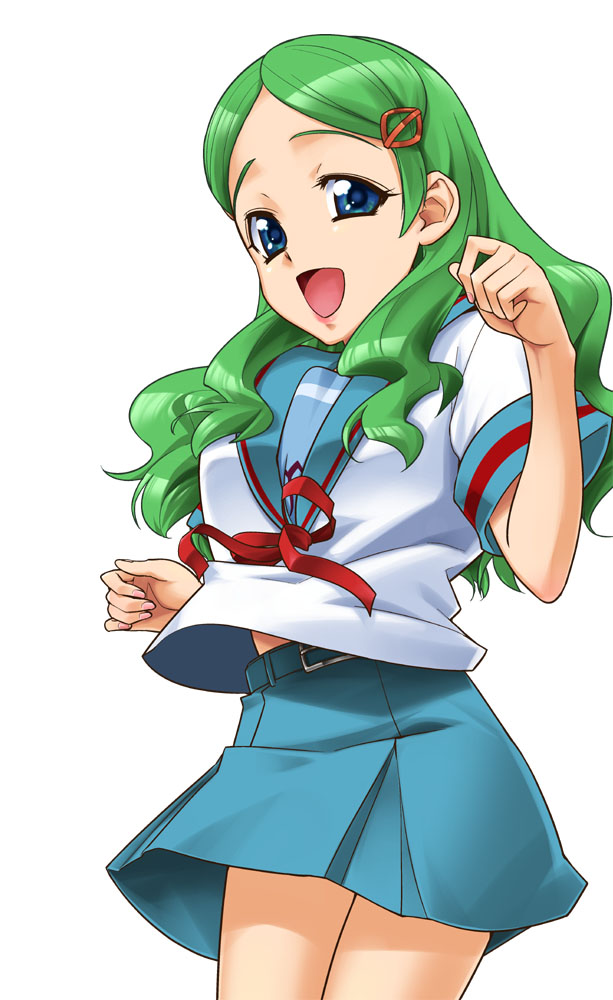 t-hiko, kimidori emiri, suzumiya haruhi no yuuutsu, 00s, blue eyes, green hair, long hair, school uniform, serafuku, solo