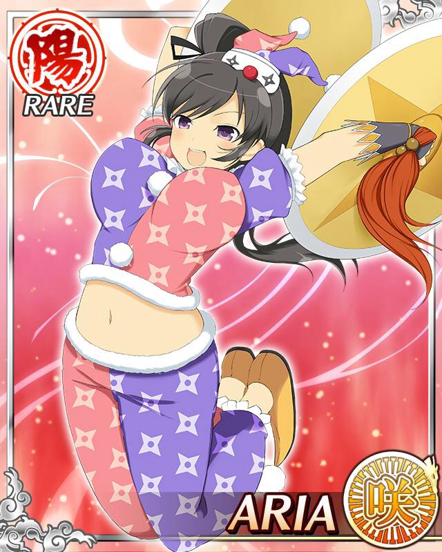 aria (senran kagura), senran kagura, senran kagura new wave, game cg, official art, 1girl, black hair, black ribbon, border, breasts, card (medium), character name, cymbals, english text, hair ribbon, hat, high side ponytail, instrument, jester cap, jester costume, jester shoes, jumping, large breasts, long hair, midriff, mini hat, multicolored pants, multicolored shirt, navel, official alternate costume, open mouth, pants, puffy short sleeves, puffy sleeves, purple eyes, purple pants, purple shirt, red pants, red shirt, ribbon, shirt, short sleeves, shuriken print, smile, solo