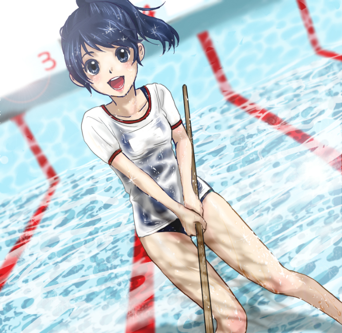 keito (mask), original, bad id, bad pixiv id, 1girl, blue eyes, blue hair, broom, cleaning, cleaning brush, dutch angle, female focus, matching hair/eyes, no pants, one-piece swimsuit, ponytail, pool, school swimsuit, see-through clothes, short hair, solo, swimsuit, swimsuit under clothes, wet