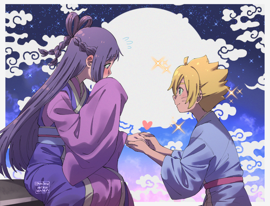 ariamikukanzaki, kakei sumire, uzumaki boruto, boruto: naruto next generations, naruto (series), commentary, 1boy, 1girl, blonde hair, blush, braid, crown braid, facial mark, flying sweatdrops, hair rings, hand grab, heart, hetero, japanese clothes, kimono, obi, purple hair, purple kimono, sash, signature, sitting, sleeves past fingers, sleeves past wrists, smile, sparkle, sparkling aura, whisker markings, wide sleeves
