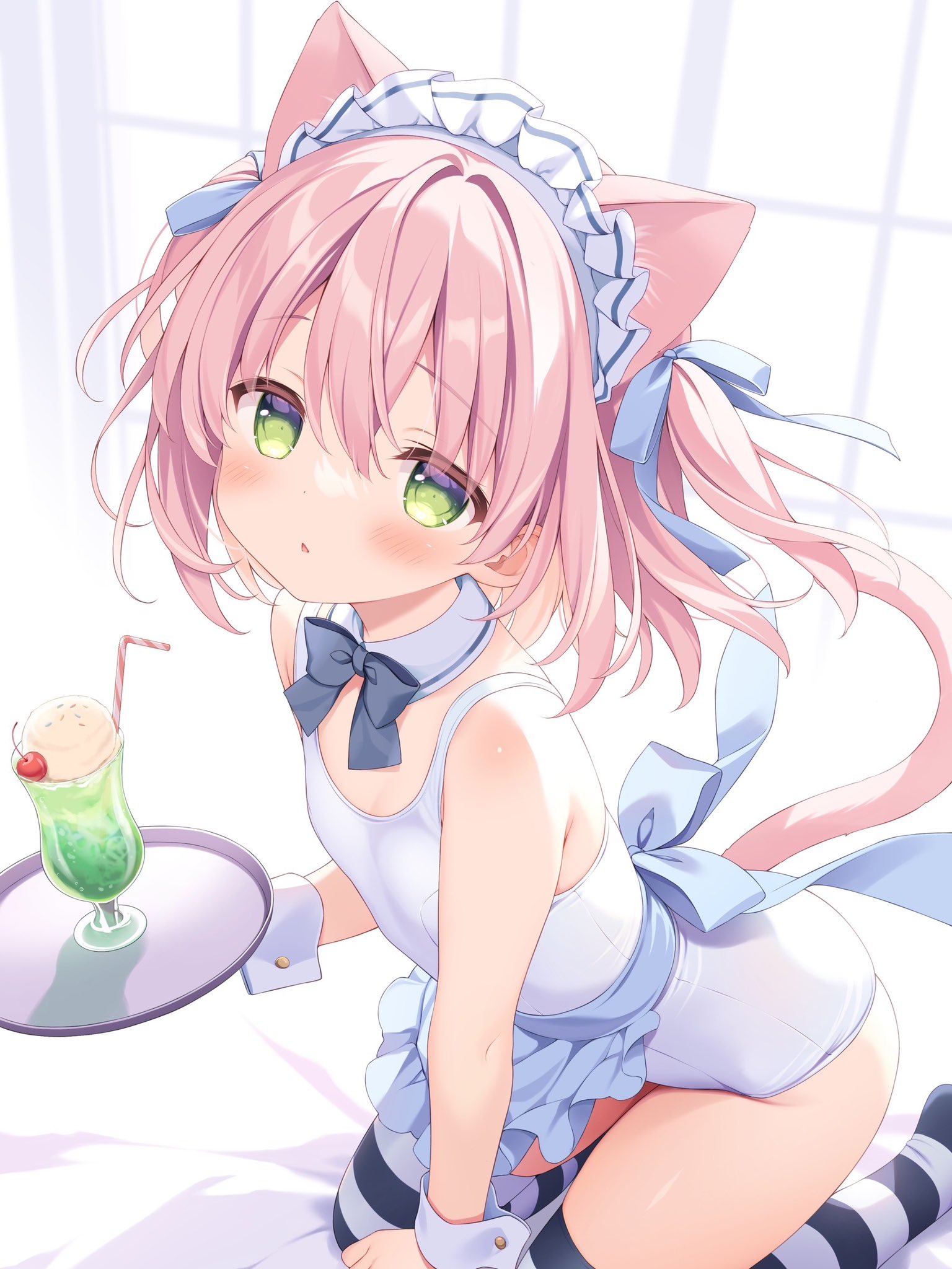 original, hashtag-only commentary, highres, 1girl, animal ear fluff, animal ears, apron, bare shoulders, black bow, blush, bow, bowtie, breasts, cat ears, cat girl, cat tail, cherry, collar, detached collar, drink, drinking straw, food, frilled apron, frills, fruit, glass, green eyes, hair between eyes, hair ribbon, holding, holding tray, ice cream, ice cream float, kneeling, looking at viewer, maid headdress, old school swimsuit, on bed, one-piece swimsuit, parted lips, pink hair, ribbon, school swimsuit, shira momo miru, simple background, small breasts, solo, striped clothes, striped thighhighs, swimsuit, tail, thighhighs, tray, two side up, white apron, white collar, white headdress, white one-piece swimsuit, wrist cuffs
