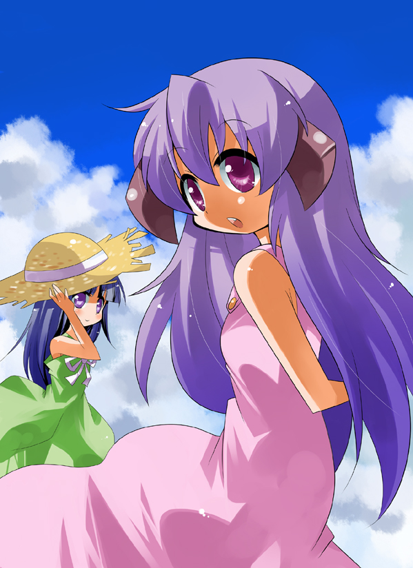 taka (aghalta), furude rika, hanyuu, higurashi no naku koro ni, 00s, 2girls, blue hair, day, dress, hat, horns, long hair, multiple girls, purple eyes, purple hair, straw hat, sundress