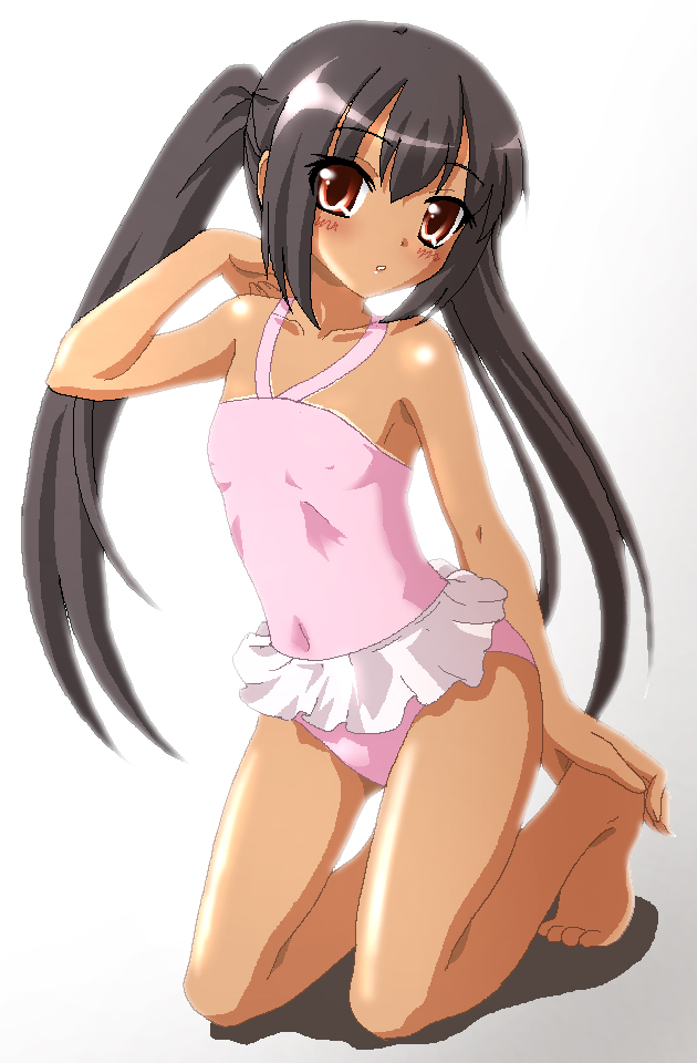 hayashiya zankurou, nakano azusa, k-on!, 00s, 1girl, barefoot, black hair, brown eyes, covered erect nipples, female focus, flat chest, long hair, oekaki, one-piece swimsuit, one-piece tan, pink one-piece swimsuit, solo, swimsuit, tan, tanline, twintails