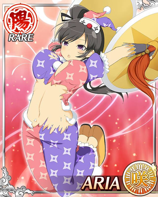 aria (senran kagura), senran kagura, senran kagura new wave, game cg, official art, 1girl, :o, black hair, black ribbon, border, breasts, card (medium), character name, cymbals, english text, hair ribbon, hat, high side ponytail, instrument, jester cap, jester costume, jester shoes, large breasts, long hair, midriff, mini hat, multicolored pants, multicolored shirt, navel, official alternate costume, pants, puffy short sleeves, puffy sleeves, purple eyes, purple pants, purple shirt, red pants, red shirt, ribbon, shirt, short sleeves, shuriken print, solo, torn clothes, torn pants, torn shirt