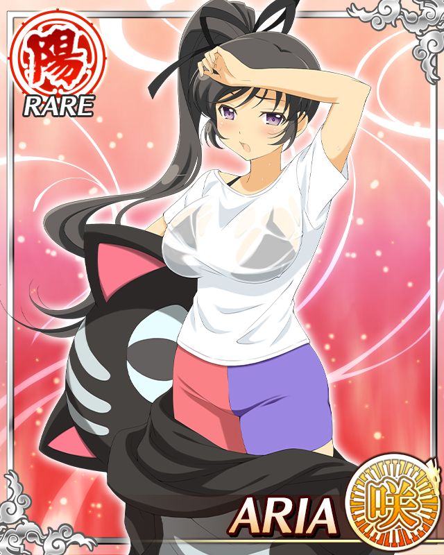 aria (senran kagura), senran kagura, senran kagura new wave, game cg, official art, 1girl, :o, animal costume, bike shorts, black bra, black hair, black ribbon, border, bra, bra strap, breasts, card (medium), cat costume, character name, cosplay, english text, hair ribbon, high side ponytail, kigurumi, large breasts, long hair, looking at viewer, multicolored shorts, official alternate costume, purple eyes, purple shorts, red shorts, ribbon, see-through clothes, see-through shirt, shirt, shorts, solo, underwear, wiping sweat