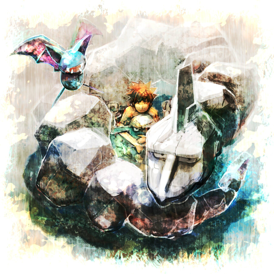 brock (pokemon), geodude, onix, zubat, nintendo, pokemon, 1boy, brown hair, frown, gen 1 pokemon, gym leader, pokemon (creature)