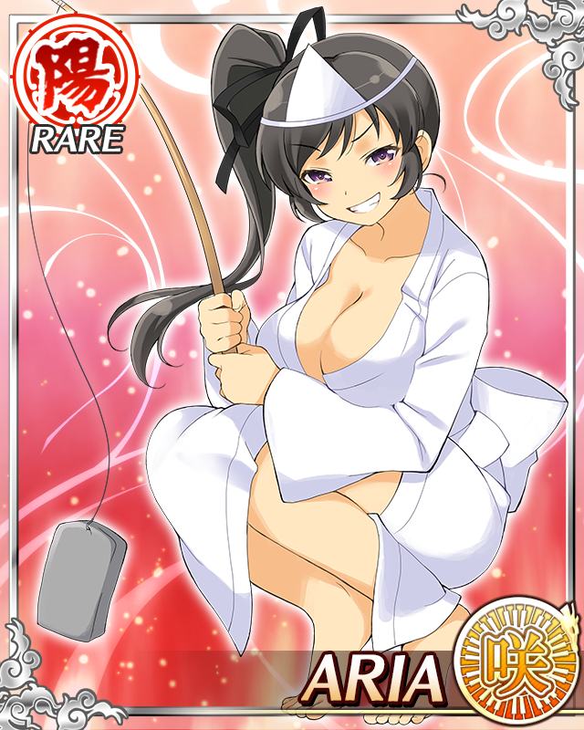 aria (senran kagura), senran kagura, senran kagura new wave, game cg, official art, 1girl, barefoot, black hair, black ribbon, border, breasts, card (medium), character name, cleavage, english text, fishing rod, ghost costume, grin, hair ribbon, headband, high side ponytail, holding, holding fishing rod, large breasts, long hair, looking at viewer, naked robe, official alternate costume, purple eyes, ribbon, robe, smile, solo, sponge, squatting, white headband, white robe