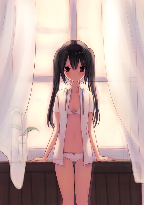 xiangtu, nakano azusa, k-on!, bad id, bad pixiv id, 00s, 1girl, black hair, blush, bra, brown eyes, curtains, female focus, lingerie, loli, long hair, open clothes, open shirt, panties, shirt, solo, thigh gap, thighs, twintails, underwear, window