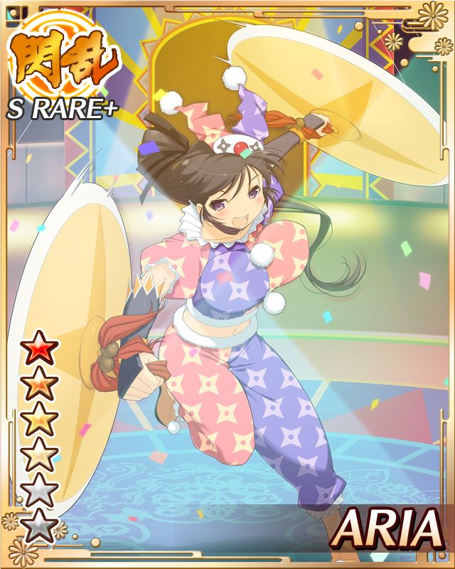 aria (senran kagura), senran kagura, senran kagura new wave, game cg, official art, 1girl, :d, arm guards, black hair, black ribbon, border, breasts, card (medium), character name, circus, cymbals, english text, hair ribbon, hat, high side ponytail, instrument, jester cap, jester costume, large breasts, long hair, looking at viewer, midriff, mini hat, navel, official alternate costume, open mouth, pants, purple eyes, purple pants, purple shirt, red pants, red shirt, ribbon, shirt, shuriken print, smile, spotlight, stage, standing, standing on one leg
