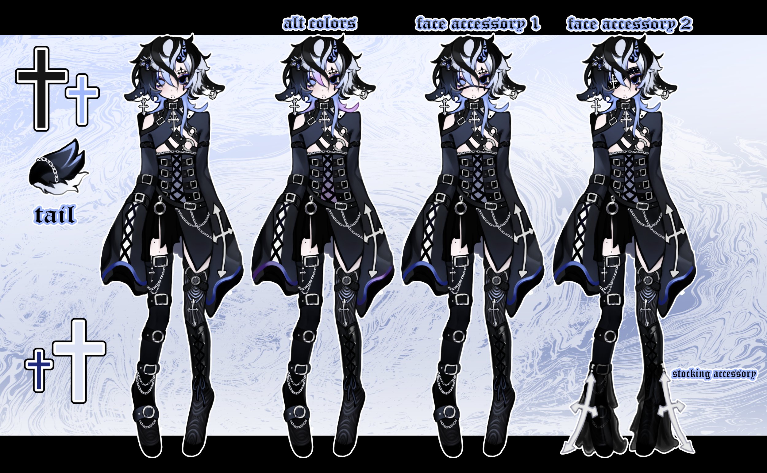 cloud (lufaeris), original, commentary, english commentary, highres, 1girl, animal ears, black boots, black dress, black eyes, black hair, blue eyes, blue hair, boots, closed mouth, cross, dress, eyepatch, hair between eyes, heterochromia, horns, latin cross, long sleeves, looking at viewer, medium hair, multicolored hair, multiple views, one eye covered, reference sheet, single horn, sleeves past fingers, sleeves past wrists, thigh boots, two-tone hair