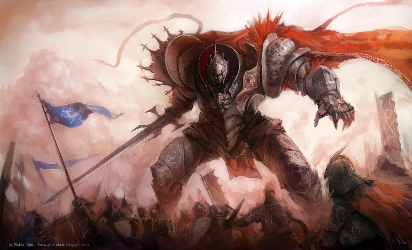 robert kim, original, bad id, bad pixiv id, 6+boys, armor, army, battle, cape, flag, giant, group battle, male focus, multiple boys, sword, war, weapon