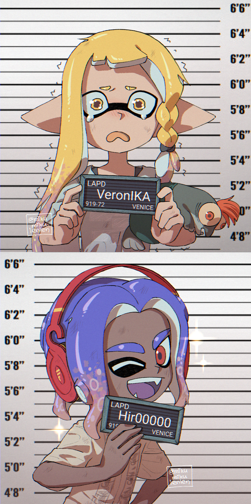 ariamikukanzaki, smallfry (splatoon), barbie (franchise), barbie (live action), nintendo, splatoon (series), splatoon 3, commentary, english commentary, highres, 1boy, 1girl, barbie mugshot (meme), blonde hair, blue hair, blush, braid, dark-skinned male, dark skin, eyebrow cut, fangs, frown, headphones, height mark, hirooooo (splatoon), holding, holding sign, inkling, meme, mugshot, multicolored hair, octoling, one eye closed, open mouth, parody, placard, red eyes, side braid, sign, signature, smile, tearing up, tears, tentacle hair, trembling, veronika (splatoon), very dark skin, wavy eyes, yellow eyes