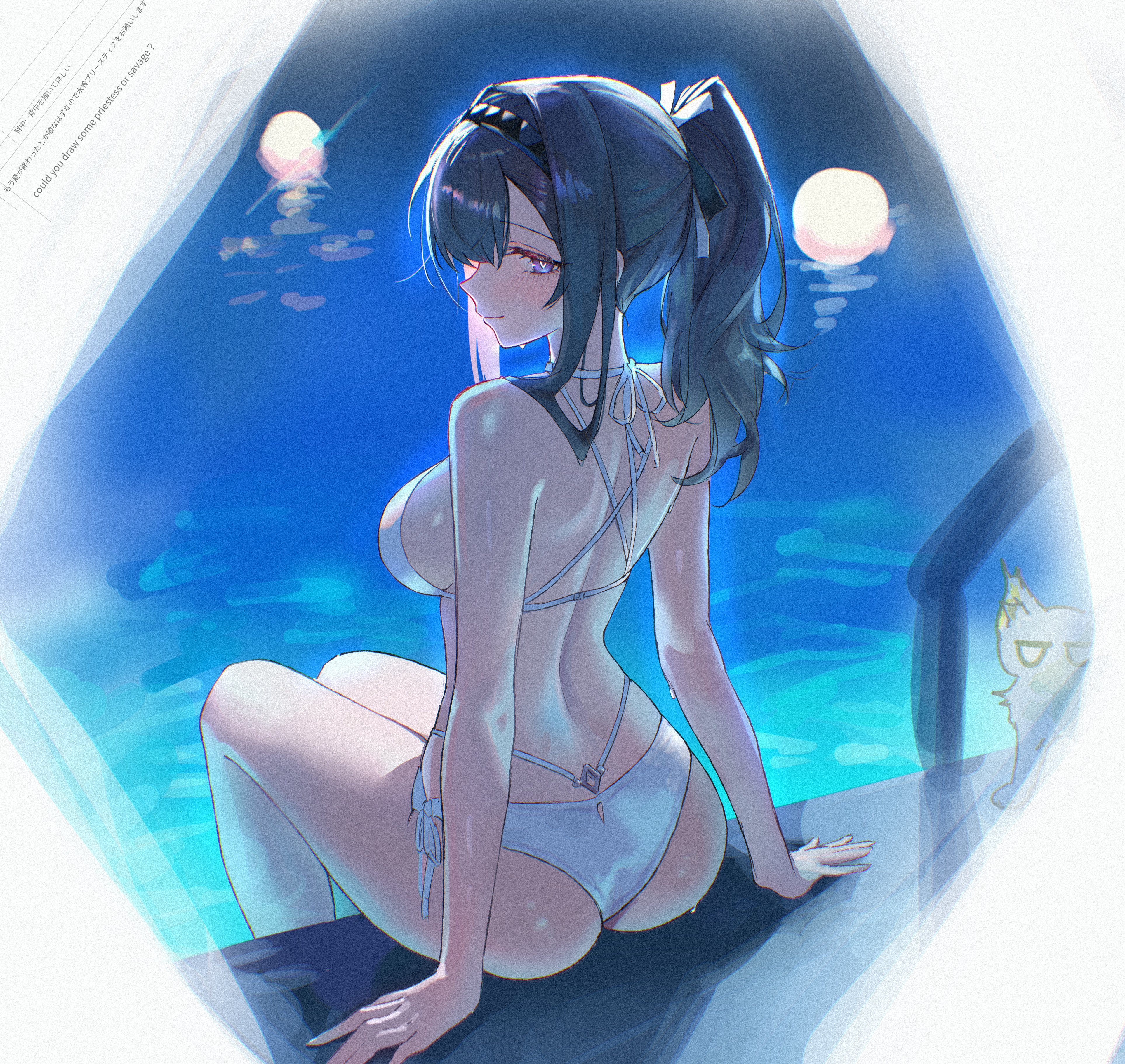 uof, kal'tsit (arknights), priestess (arknights), arknights, absurdres, character request, check character, check copyright, copyright request, highres, 1girl, bikini, blue hair, blush, cat, heart, heart-shaped pupils, long hair, looking at viewer, looking back, pink eyes, ponytail, pool, poolside, side-tie bikini bottom, smile, solo, swimsuit, symbol-shaped pupils, white bikini, white cat