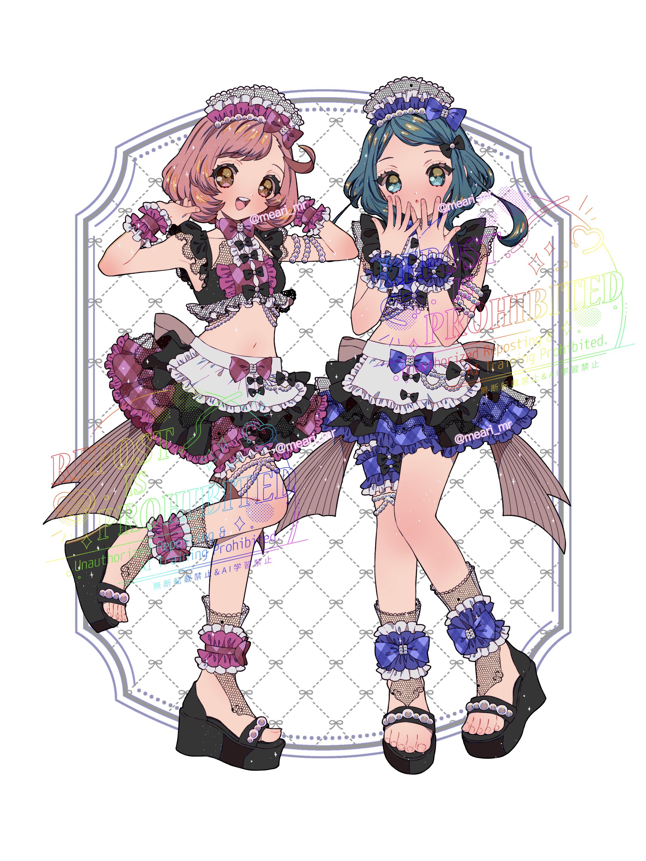 mea (meari mr), ayase naru, rinne (pretty rhythm), pretty rhythm, pretty rhythm rainbow live, pretty series, absurdres, highres, 2girls, :d, ankle cuffs, apron, bikini, blue eyes, blue hair, blue skirt, brown eyes, center frills, frilled cuffs, frilled skirt, frilled wrist cuffs, frills, full body, hands up, idol clothes, looking at viewer, maid, maid bikini, maid headdress, miniskirt, multiple girls, navel, open mouth, pink hair, pink skirt, short hair, skirt, smile, standing, standing on one leg, summer maid coord, swimsuit, unconventional maid, waist apron, wedge heels, wrist cuffs