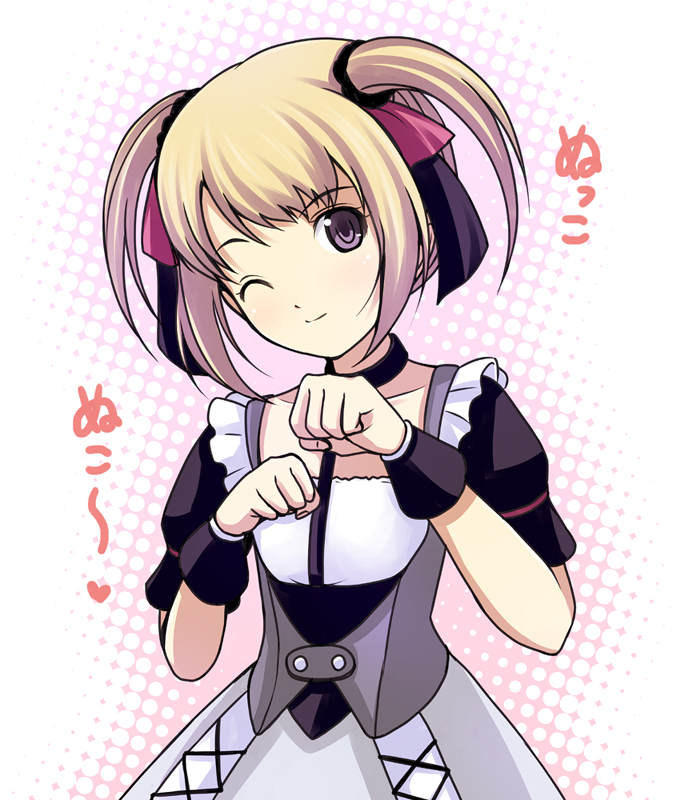 onion (lemlaml), suzuki ayane, idolmaster, idolmaster dearly stars, bad id, bad pixiv id, 00s, 1girl, blonde hair, choker, dress, female focus, one eye closed, paw pose, purple eyes, short hair, solo, twintails, wink, wrist cuffs