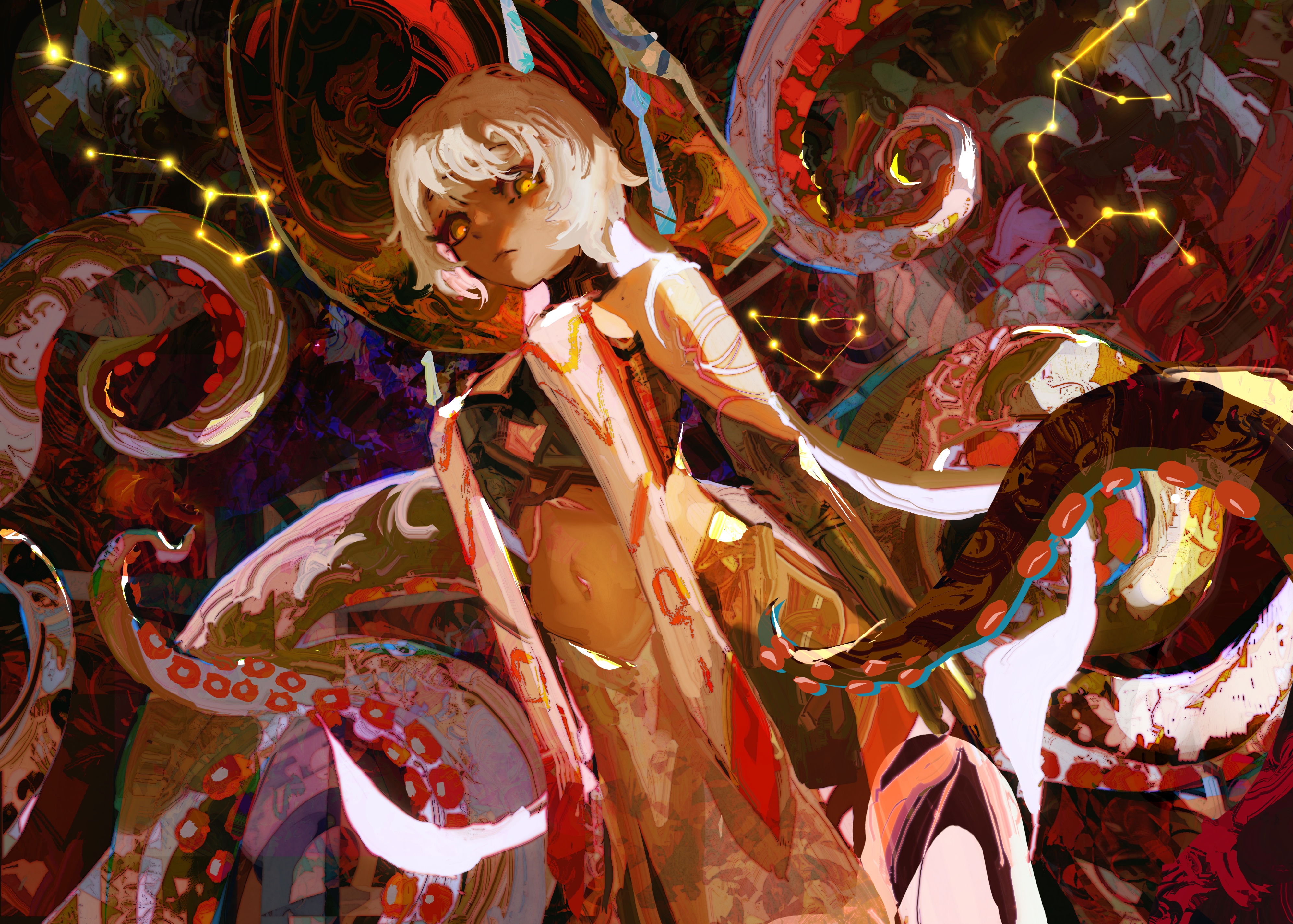 kevin adi, original, absurdres, commentary, english commentary, highres, 1girl, abstract background, colorful, dark skin, hat, looking at viewer, solo, tentacles, white hair, wizard hat, yellow eyes