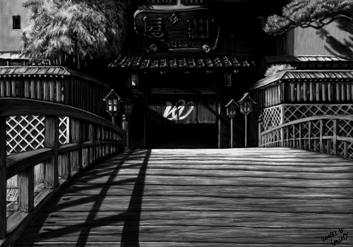 sen to chihiro no kamikakushi, studio ghibli, lowres, 00s, architecture, bridge, building, east asian architecture, greyscale, monochrome, scenery