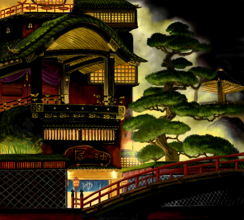 sen to chihiro no kamikakushi, studio ghibli, lowres, 00s, architecture, bridge, building, east asian architecture, scenery, tree