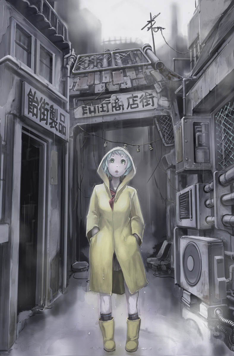 butcha-u, original, highres, 1girl, building, female focus, hands in pockets, rain, raincoat, short hair, solo, yellow raincoat