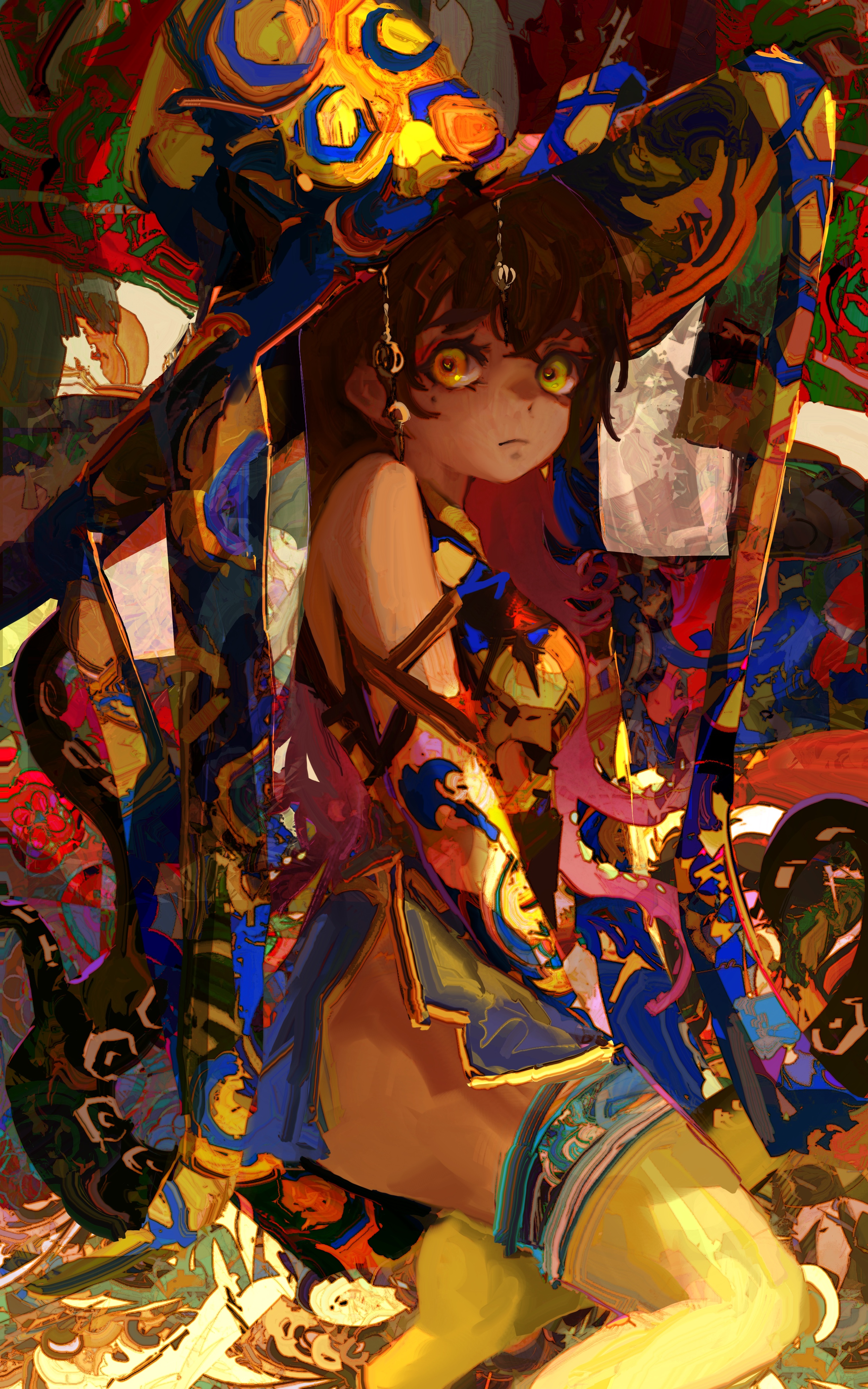kevin adi, original, absurdres, commentary, english commentary, highres, 1girl, abstract background, bare shoulders, brown hair, colorful, dark skin, hat, looking at viewer, solo, wizard hat, yellow eyes