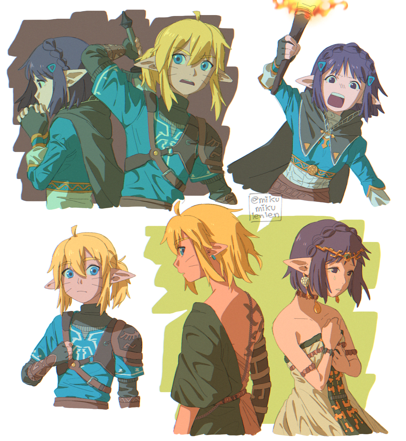 ariamikukanzaki, kakei sumire, link, princess zelda, uzumaki boruto, boruto: naruto next generations, naruto (series), nintendo, the legend of zelda, the legend of zelda: tears of the kingdom, commentary, highres, 1boy, 1girl, ahoge, alternate hairstyle, black cape, blonde hair, blue eyes, braid, cape, cosplay, crown braid, dress, earrings, facial mark, fingerless gloves, gloves, hair ornament, hairclip, holding, holding torch, jewelry, link (cosplay), open mouth, pointy ears, ponytail, princess zelda (cosplay), purple eyes, purple hair, single shoulder pad, strapless, strapless dress, torch, whisker markings