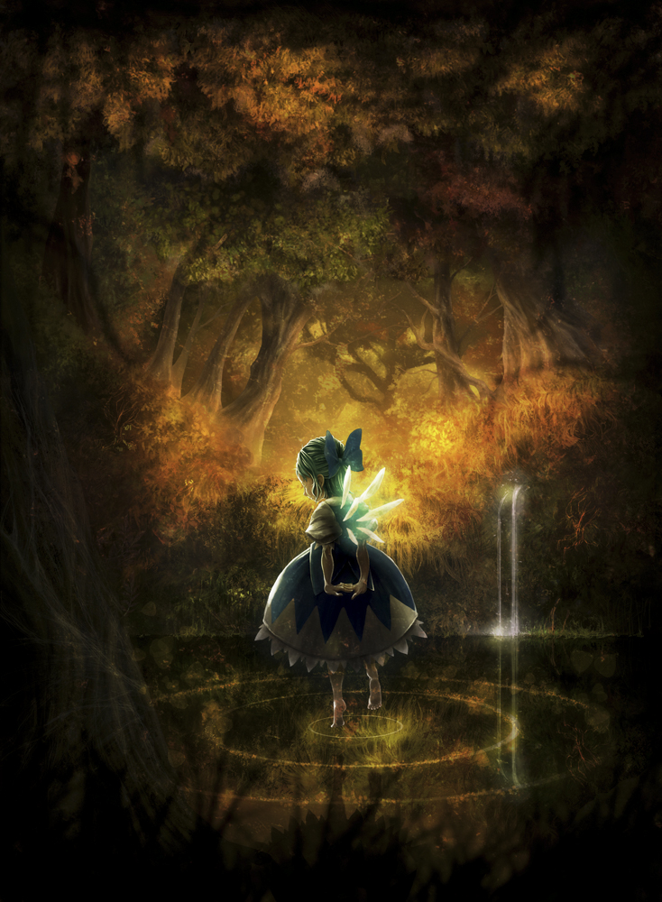 ishiatama, cirno, embodiment of scarlet devil, touhou, backlighting, barefoot, blue hair, bow, forest, glowing, hair bow, nature, outdoors, own hands together, ripples, scenery, solo, standing, water, wide shot, wings