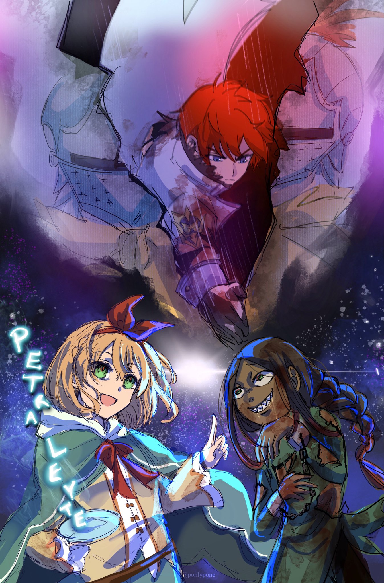 ponlypone, aldebaran (re:zero), petra leyte, reinhard van astrea, roy alphard, re:zero kara hajimeru isekai seikatsu, commentary, english commentary, highres, blue eyes, bow, dark skin, dress, galaxy, green dress, green shirt, hair bow, helmet, knight, ponytail, red hair, sharp teeth, shirt, teeth