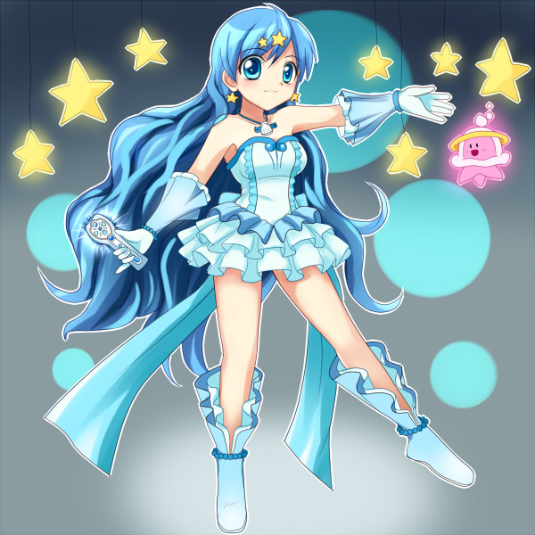miru, houshou hanon, houshou hanon (idol), kura-chan, mermaid melody pichi pichi pitch, 00s, 1girl, blue eyes, blue hair, boots, frills, gloves, hair ornament, jellyfish, long hair, microphone, star (symbol), star hair ornament