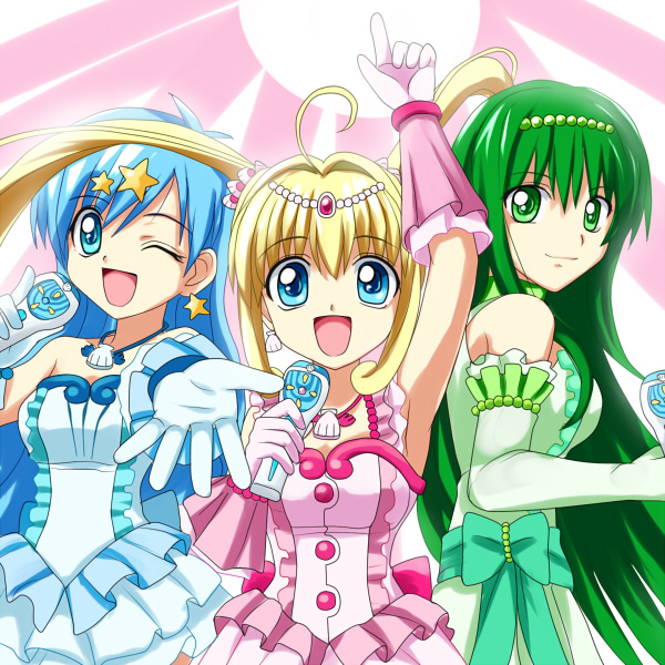 miru, houshou hanon, houshou hanon (idol), nanami lucia, nanami lucia (idol), nanami lucia (super idol), touin rina, touin rina (idol), mermaid melody pichi pichi pitch, 00s, 3girls, blonde hair, blue eyes, blue hair, gloves, green eyes, green hair, hair ornament, idol, long hair, microphone, multiple girls, star (symbol), star hair ornament, twintails
