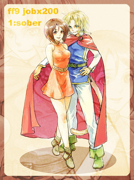 uboar, bartz klauser, garnet til alexandros xvii, lenna charlotte tycoon, zidane tribal, final fantasy, final fantasy ix, final fantasy v, bad id, bad pixiv id, 1boy, 1girl, bartz klauser (cosplay), brown eyes, brown hair, cape, cosplay, dress, lenna charlotte tycoon (cosplay), orange shirt, orange skirt, shirt, short hair, skirt, tail, zoom layer