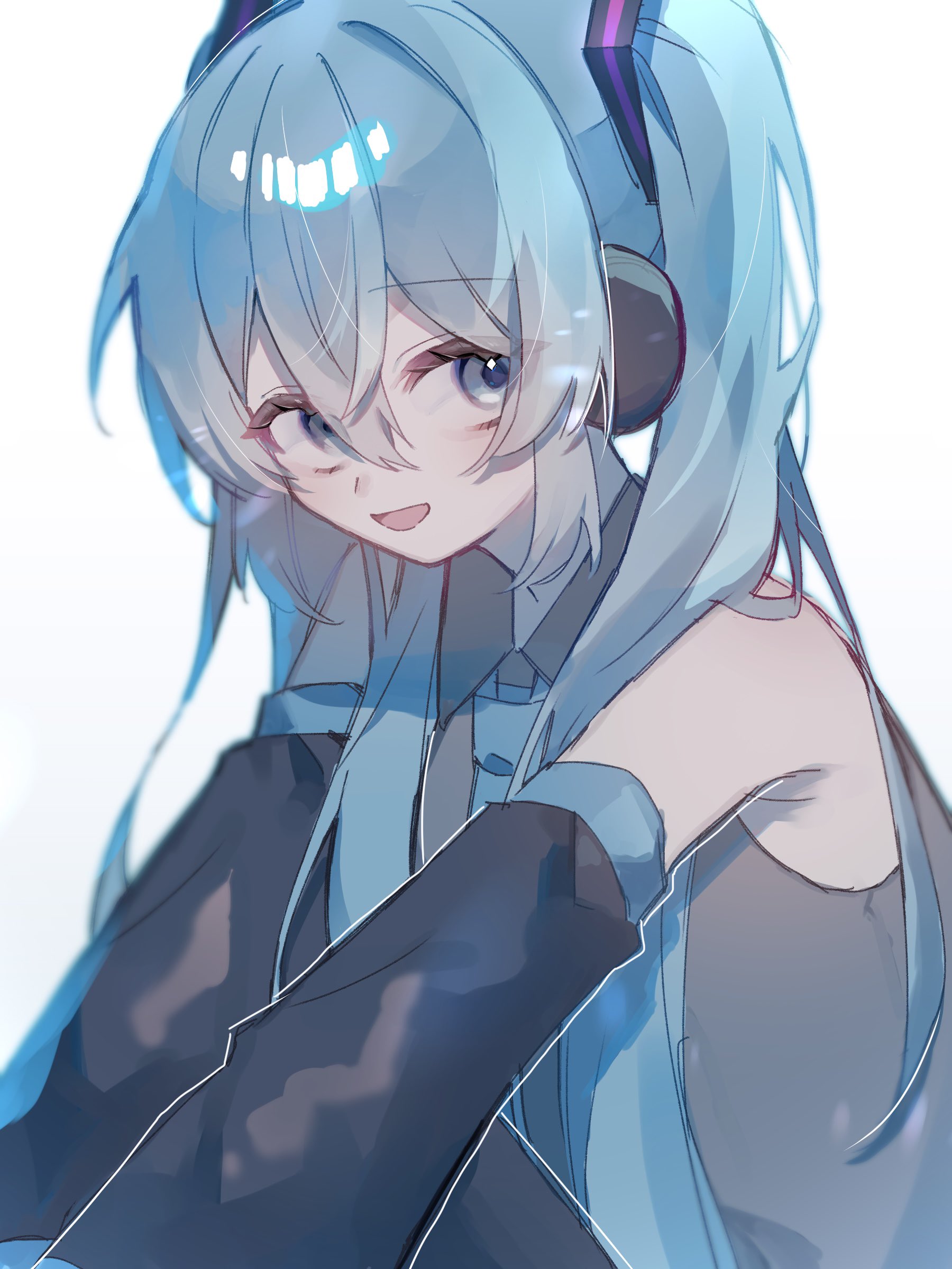 hishoku (porupopi), hatsune miku, vocaloid, absurdres, hashtag-only commentary, highres, 1girl, aqua eyes, aqua hair, aqua necktie, aqua trim, bare shoulders, black sleeves, collared shirt, detached sleeves, double-parted bangs, grey shirt, hair between eyes, headphones, long hair, looking at viewer, necktie, open mouth, shirt, sleeveless, sleeveless shirt, smile, twintails, white background