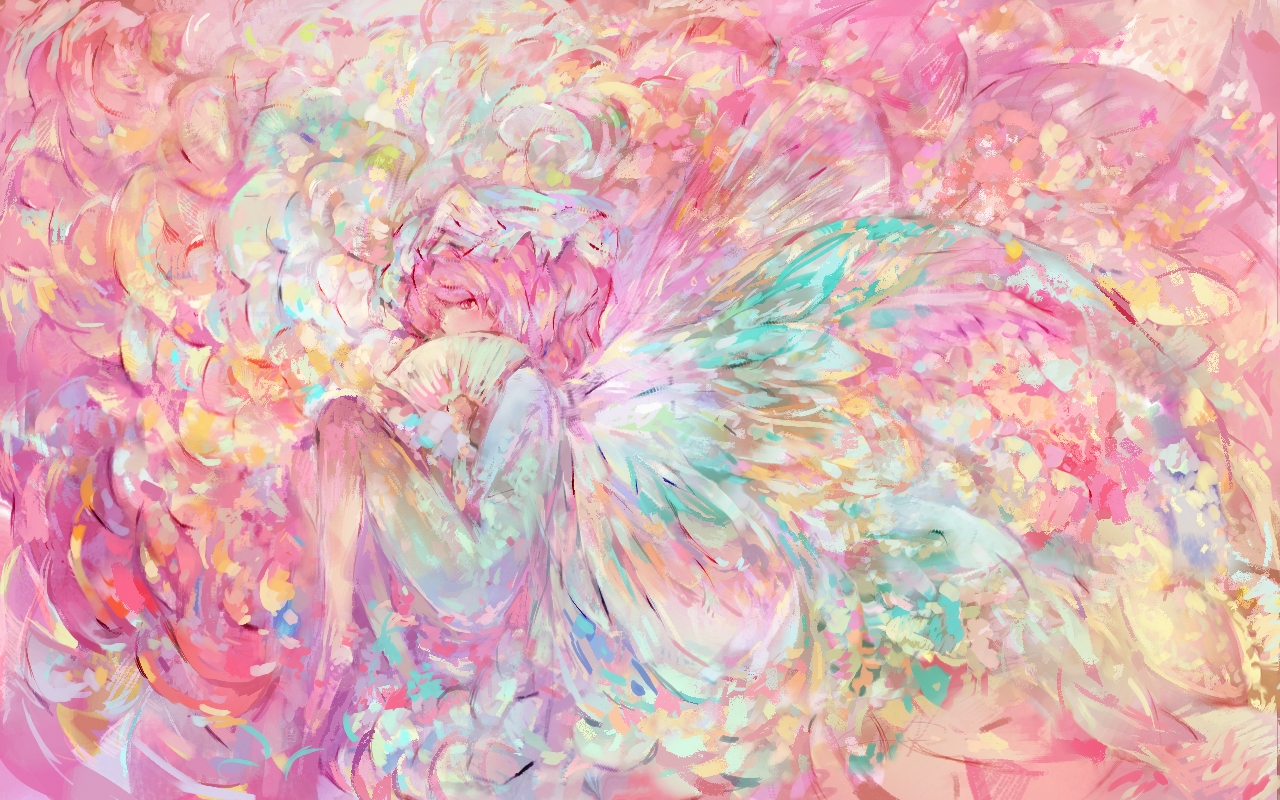 tsuuyakukan reni, saigyouji yuyuko, touhou, 1girl, abstract, bug, butterfly, faux traditional media, female focus, hand fan, hat, insect, pink hair, solo, speed painting, wings