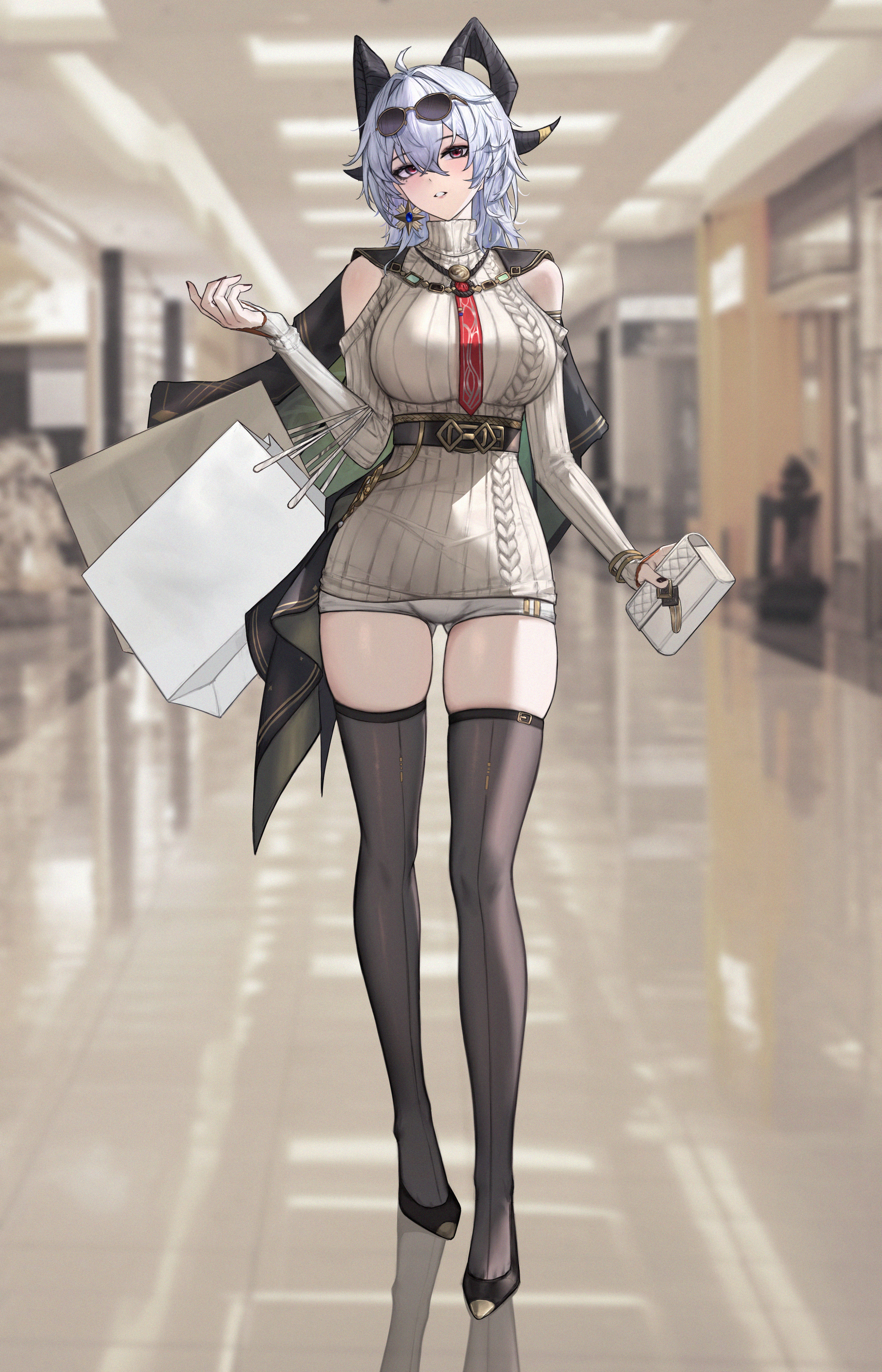 yuhou rainbow, zani (downtown repose) (wuthering waves), zani (wuthering waves), wuthering waves, absurdres, commentary, highres, 1girl, ahoge, bag, black horns, black jacket, black shoes, black thighhighs, clothing cutout, curled horns, dress, earrings, full body, gluteal fold, grey dress, grey hair, grey shorts, hair between eyes, hair intakes, holding, holding bag, horns, jacket, jacket on shoulders, jewelry, long hair, long sleeves, looking at viewer, official alternate costume, parted lips, photo background, red eyes, shoes, shopping bag, shorts, shoulder cutout, solo, sweater, sweater dress, thighhighs, thighs