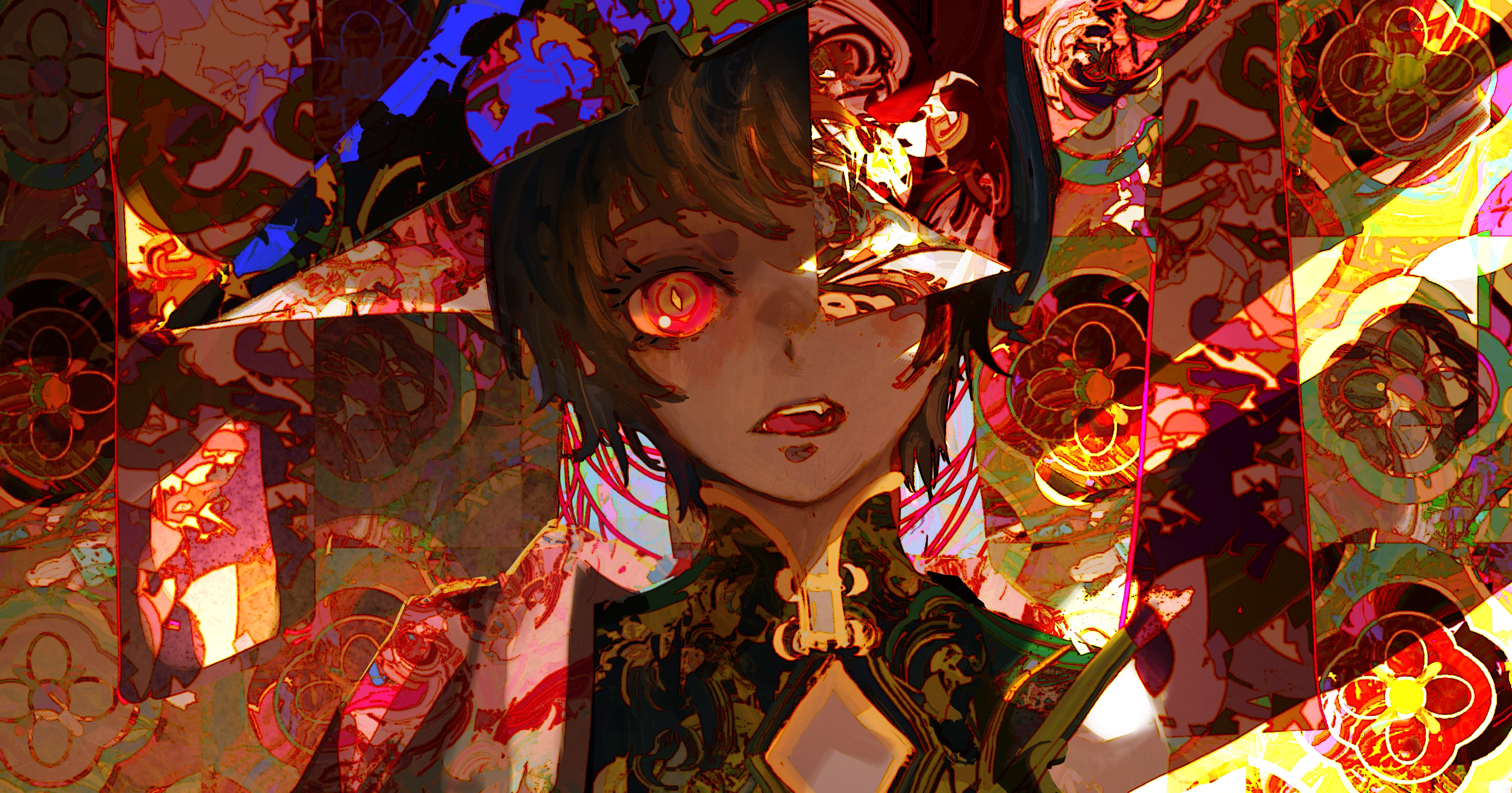 kevin adi, original, absurdres, commentary, english commentary, highres, 1girl, abstract background, black hair, colorful, dark skin, hat, looking at viewer, red eyes, solo, teeth, wizard hat