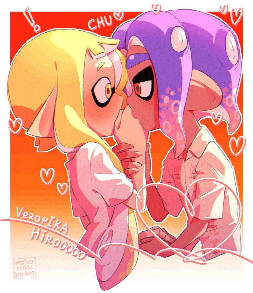 ariamikukanzaki, nintendo, splatoon (series), splatoon 3, commentary request, !, 1boy, 1girl, blonde hair, blue hair, blush, character name, dark-skinned male, dark skin, heart, heart of string, hetero, hirooooo (splatoon), holding hands, inkling, kiss, kissing hand, pointy ears, red eyes, signature, tentacle hair, veronika (splatoon), yellow eyes