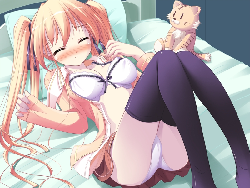 happiness!, black legwear, 00s, blonde hair, bra, lingerie, panties, thighhighs, toy, twintails, underwear