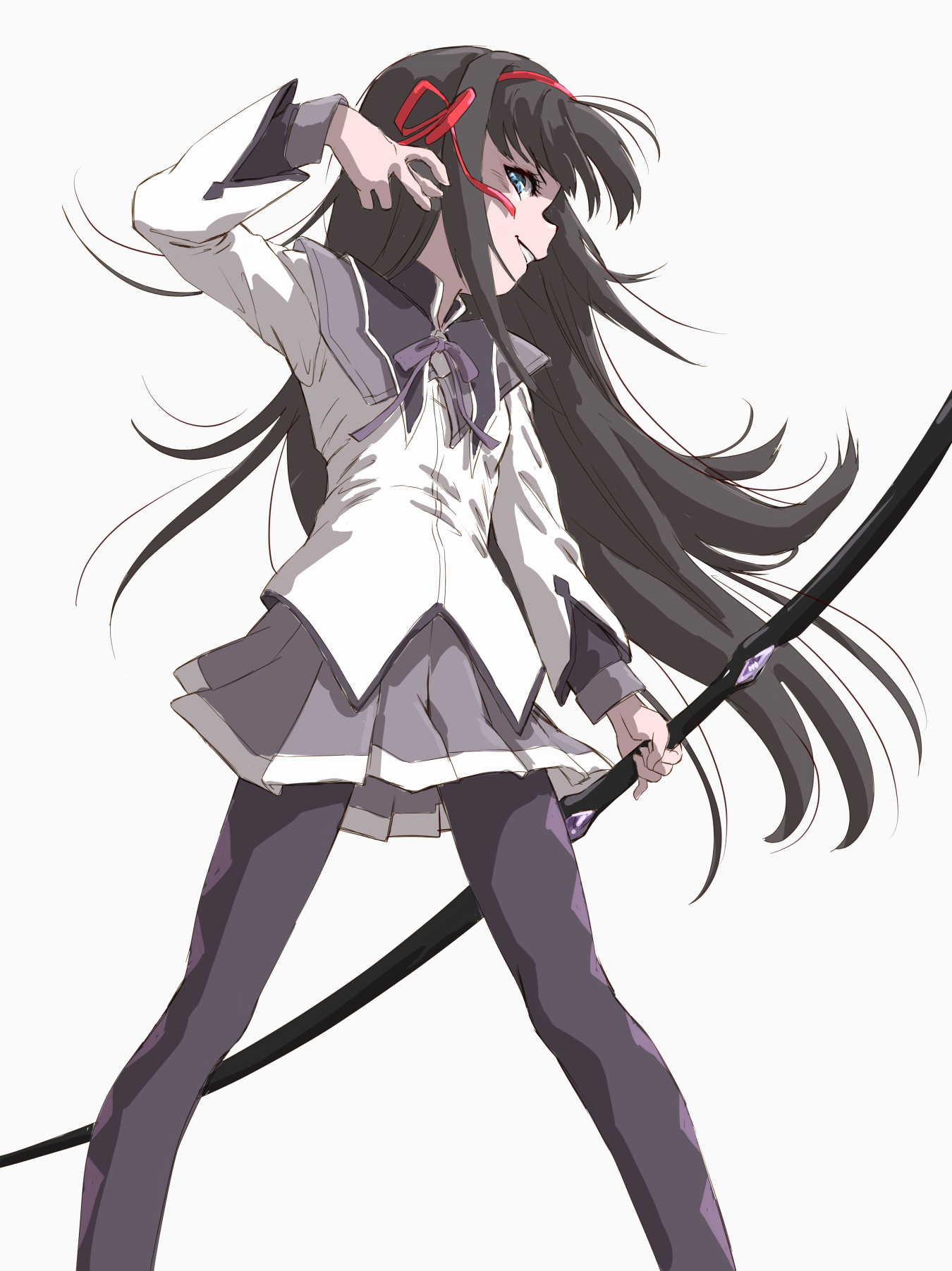 marutaya, akemi homura, akemi homura (magical girl), mahou shoujo madoka magica, mahou shoujo madoka magica (anime), commentary request, highres, 1girl, argyle clothes, argyle pantyhose, black hair, black pantyhose, bow (weapon), hair ribbon, holding, holding bow (weapon), holding weapon, long hair, looking at viewer, pantyhose, parted lips, purple skirt, red ribbon, ribbon, sideways glance, simple background, skirt, solo, weapon, white background