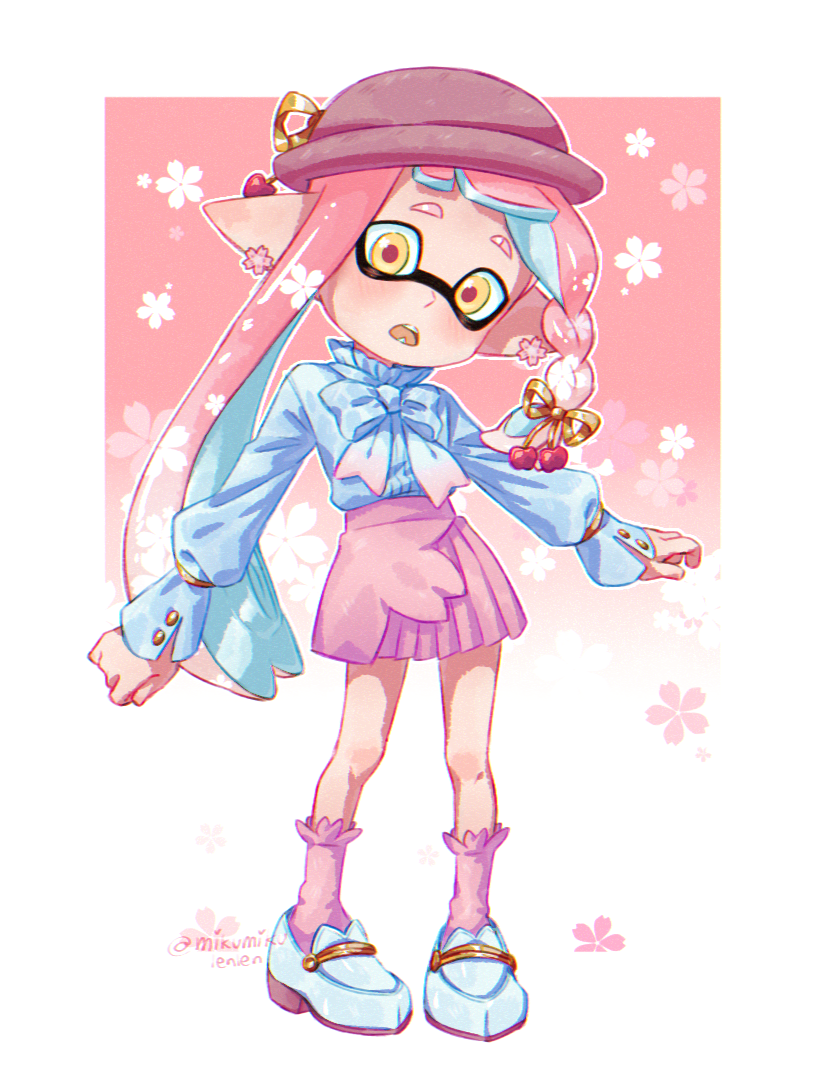 ariamikukanzaki, nintendo, splatoon (series), splatoon 3, commentary request, 1girl, alternate hair color, blue hair, blue shirt, blue shoes, braid, cherry hair ornament, colored inner hair, earrings, eyebrow cut, flower earrings, food-themed hair ornament, full body, hair ornament, hat, high-waist skirt, inkling, jewelry, long sleeves, miniskirt, multicolored hair, pink hair, pink socks, pleated skirt, puffy long sleeves, puffy sleeves, shirt, shoes, side braid, skirt, socks, solo, tentacle hair, two-tone hair, veronika (splatoon), yellow eyes