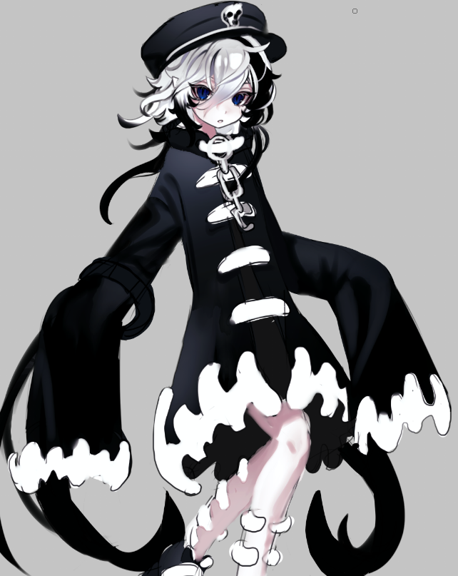 cloud (lufaeris), original, commentary, english commentary, unfinished, 1girl, black dress, black hair, black hat, blue eyes, chain, cowboy shot, dress, grey background, hair between eyes, hat, long hair, long sleeves, looking at viewer, multicolored hair, oversized clothes, parted lips, simple background, sketch, sleeves past fingers, sleeves past wrists, solo, two-tone hair, white hair