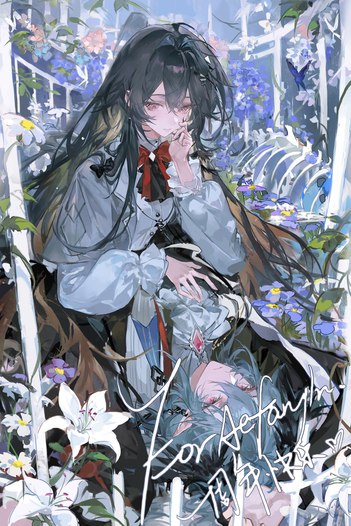 original, white lily, commission, highres, 1boy, 1girl, ascot, black hair, blue butterfly, bow, bowtie, bug, butterfly, closed mouth, colored inner hair, crossed bangs, flower, gem, grey hair, hair between eyes, hair intakes, hair wings, hand on another's chest, hand on own cheek, hand on own face, insect, jewelry, leaf, lily (flower), lips, long hair, long sleeves, looking at another, lu sangw, medium hair, multicolored hair, necklace, pink flower, purple flower, red bow, red bowtie, red eyes, red gemstone, sidelocks, sitting, skeleton, white ascot, white flower