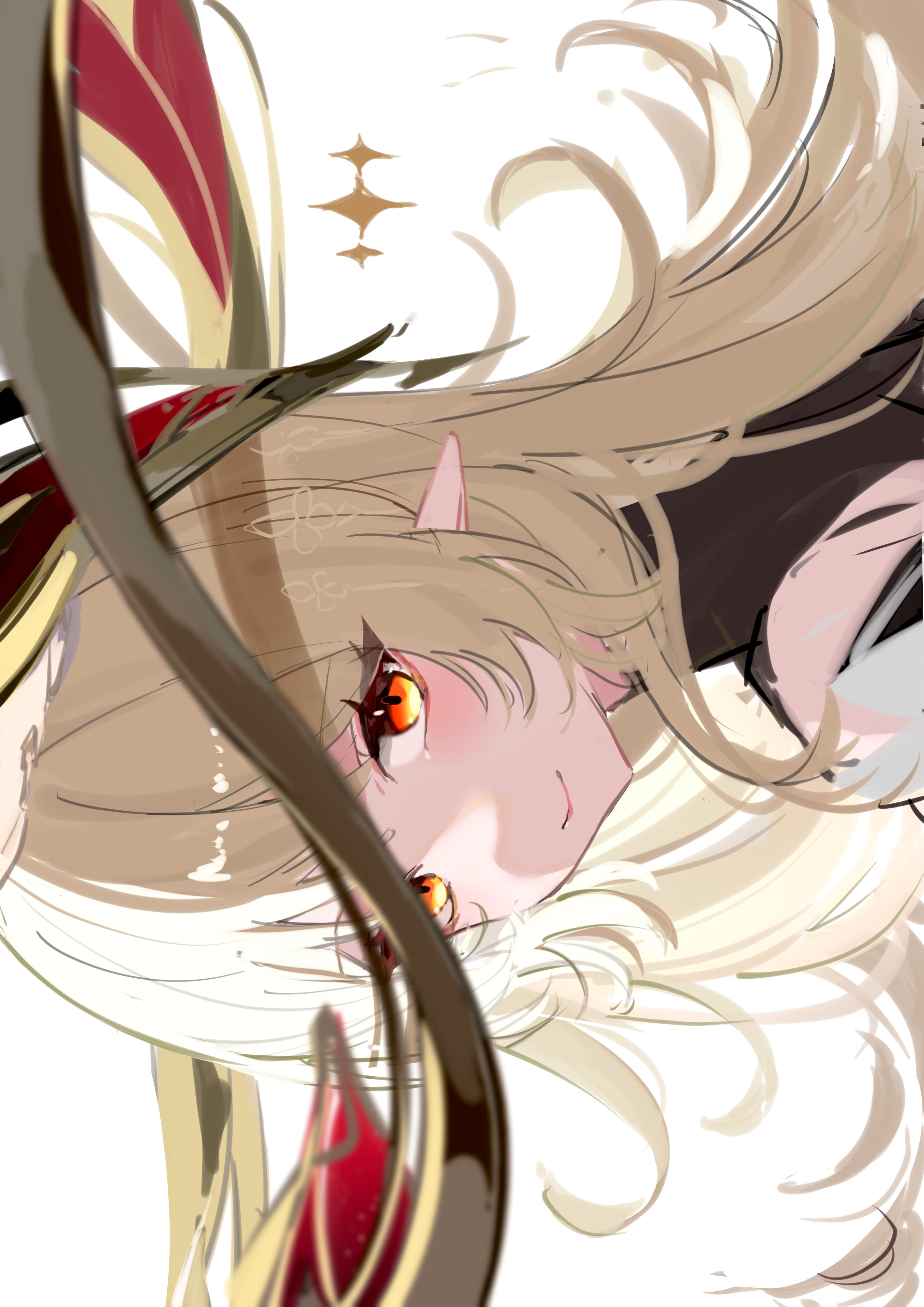magnet 8 8, alice (genshin impact), genshin impact, absurdres, commentary request, highres, 1girl, blonde hair, cowlick, elf, long hair, looking at viewer, looking back, orange eyes, pointy ears, portrait, side ahoge, simple background, sketch, smile, white background