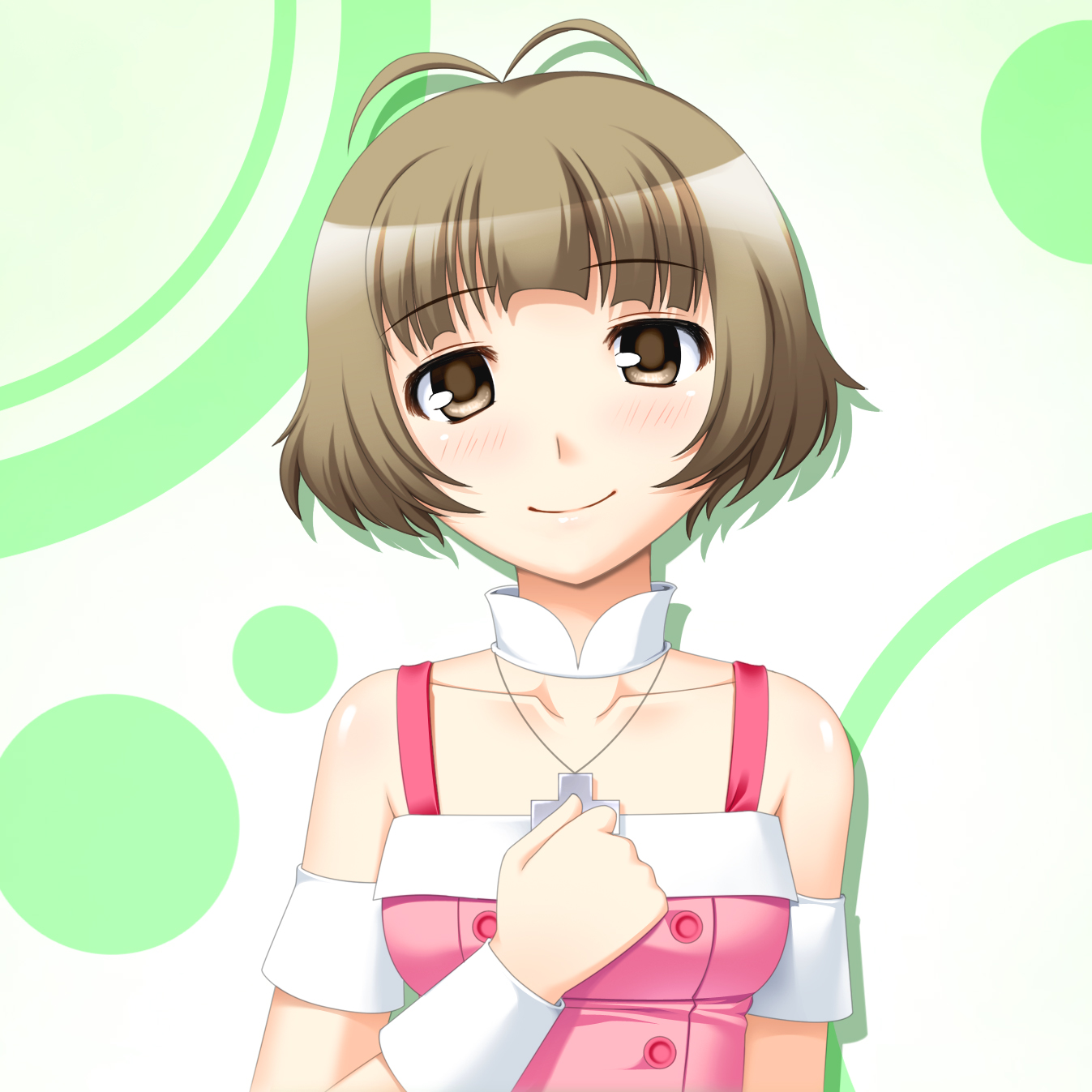 furomiya, totokichi, akizuki ryo, idolmaster, idolmaster dearly stars, bad id, bad pixiv id, highres, 00s, 1boy, antenna hair, bare shoulders, brown eyes, brown hair, crossdressing, crossdressing (mtf), cute & girly (idolmaster), gradient background, jewelry, male focus, necklace, short hair, smile, solo, trap, white background