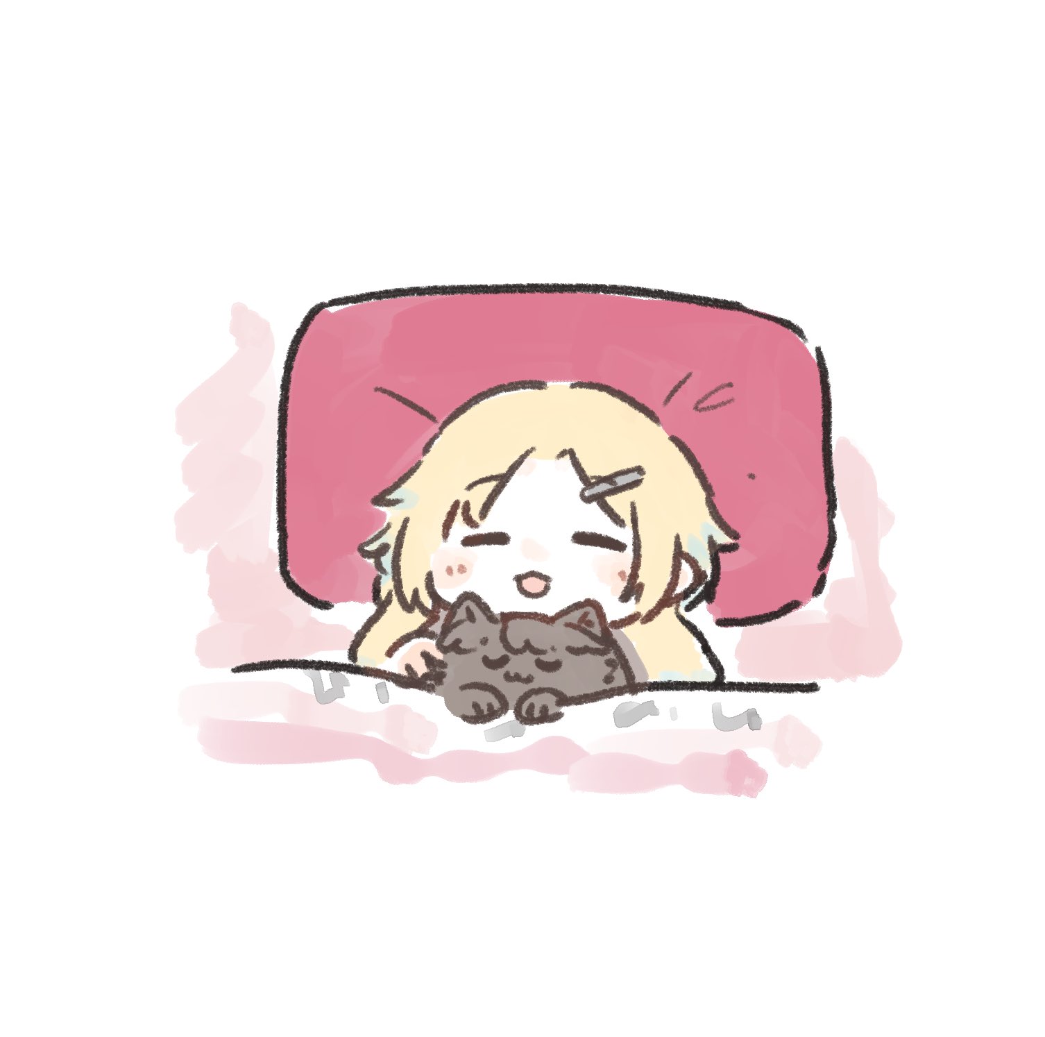 ao kaeru, fujishima megumi, osawa rurino, osawa rurino (summer loungewear), link! like! love live!, love live!, highres, 1girl, :3, :d, animalization, blonde hair, blush, brown cat, cat, cat on chest, chibi, chibi only, closed eyes, colored tips, facing viewer, from above, hair ornament, hairclip, long hair, multicolored hair, open mouth, parted bangs, smile, u u, under covers, virtual youtuber