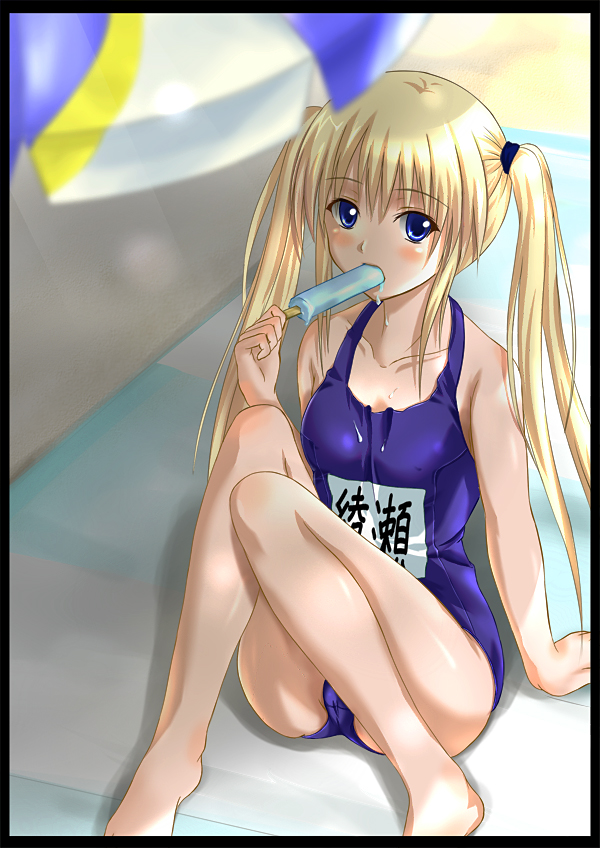 koni, ayase natsuki, sakaagari hurricane, barefoot, beach, blonde hair, blue eyes, blush, food, one-piece swimsuit, popsicle, school swimsuit, sitting, solo, swimsuit, towel, twintails, umbrella