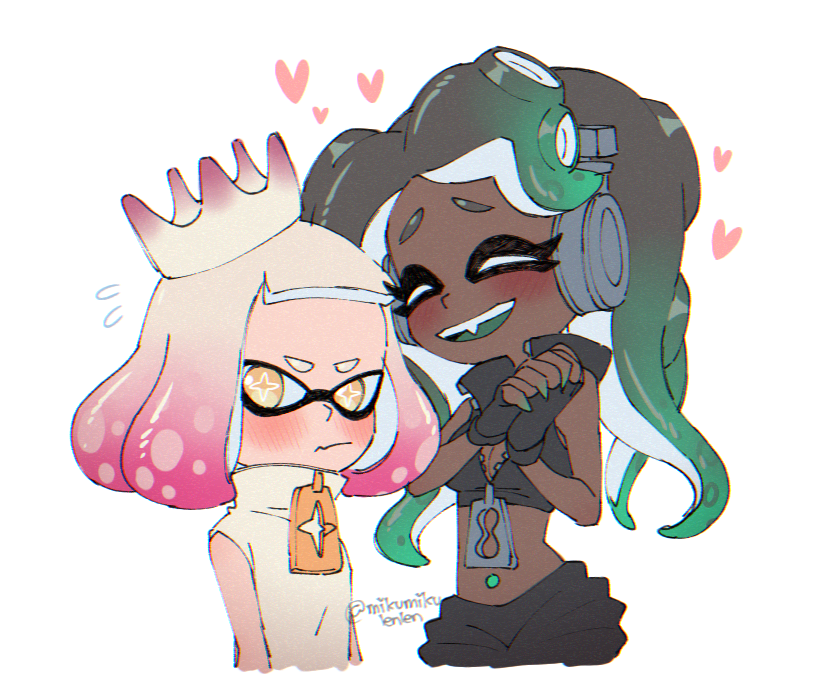 ariamikukanzaki, marina (off the hook outfit) (splatoon), marina (splatoon), pearl (off the hook outfit) (splatoon), pearl (splatoon), nintendo, splatoon (series), splatoon 2, commentary request, 2girls, black gloves, black hair, breasts, cleavage, crop top, crown, dark-skinned female, dark skin, fingerless gloves, flying sweatdrops, gloves, gradient hair, green hair, headphones, heart, inkling, medium breasts, midriff, multicolored hair, multiple girls, navel, navel piercing, octoling, own hands clasped, own hands together, piercing, pink hair, signature, tentacle hair, tilted headwear, very dark skin, wavy mouth